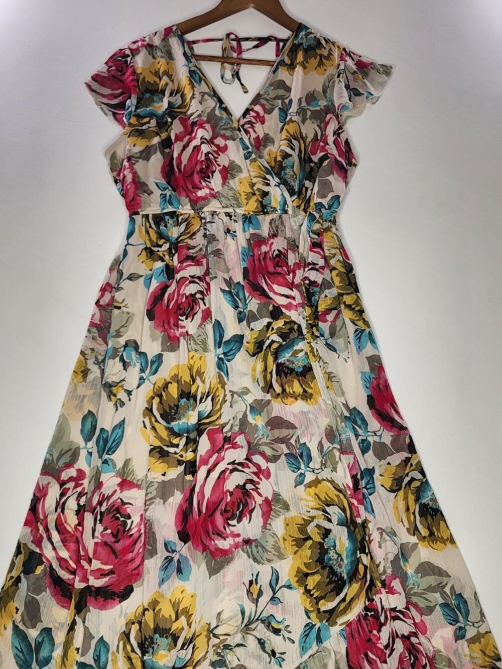 Band of Gypsies Floral Wrap Maxi Dress - Multicolor Flutter Sleeve Boho High-Low
